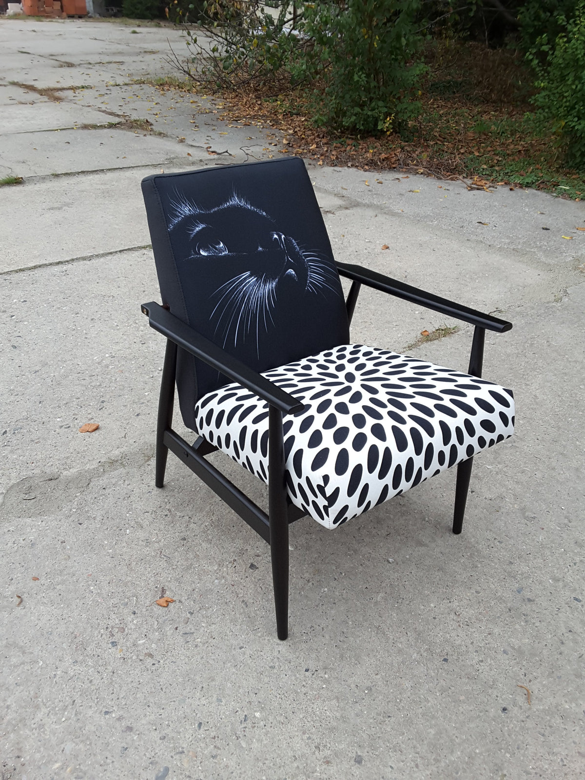 Polnischer 60er Jahre Sessel, neu gepolstert, schwarzes Holzgestell matt, schwarze Rückenlehne mit einem Katzenmuster, Sitz mit einem schwarz-weiß gefleckten Muster, Seitenansicht front 