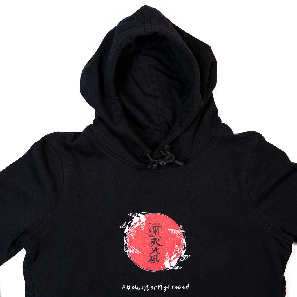 Schwarzes Hanzo Aufguss Art Hoodie mit Kängurutasche und einzigartigem Logo im japanischen Stil, Detailansicht Kapuze