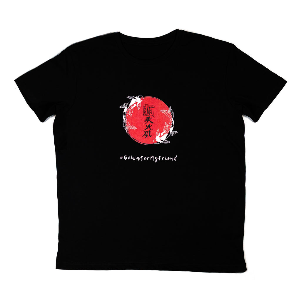 Hanzo Aufguss Art T-Shirt in schwarz mit dem einzigartigen Logo im japanischen Design und dem Shcriftzug #bewatermyfriend, Vorderansicht