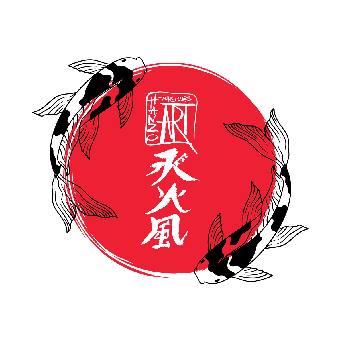 Hanzo Aufguss Art Logo - roter Punkt der an die japanische Flagge erinnert, darin das ursprüngliche Logo mit  Kanjis die für Wasser Feuer und Wind stehen, drum herum zwei Koi Fische 