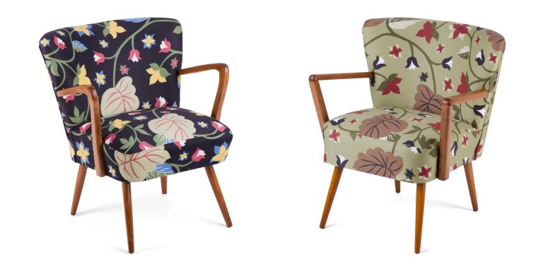 2 renovierte Sessel aus den 60er Jahren, mit in 2 verschiedenen modeeiner mit schwarzem, und olivgrünem Hintergrund